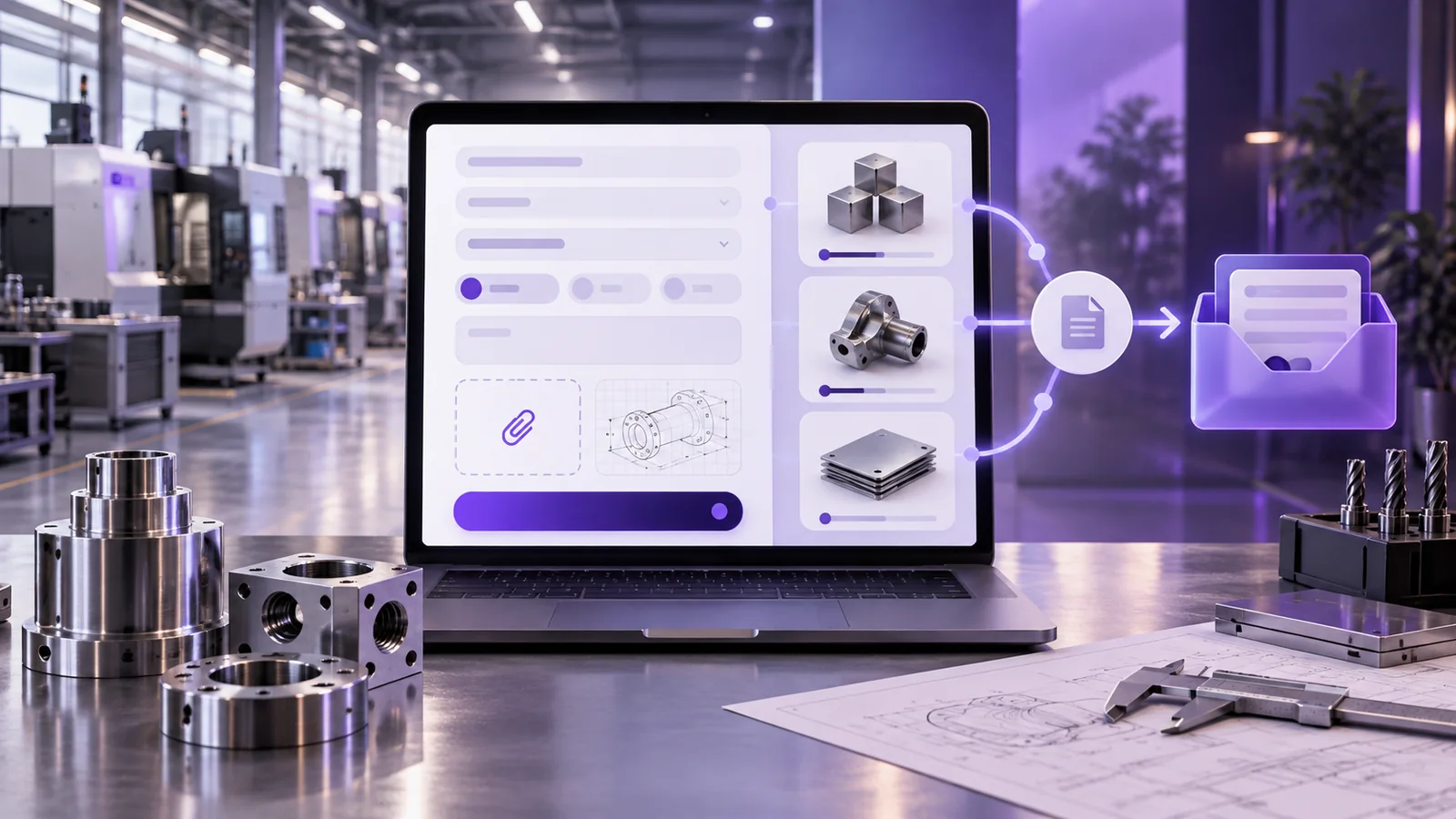 Fabrika ortamında teknik parça, çizim ve dosya yükleme alanları bulunan teklif formunu gösteren mor tonlarda 3D görsel