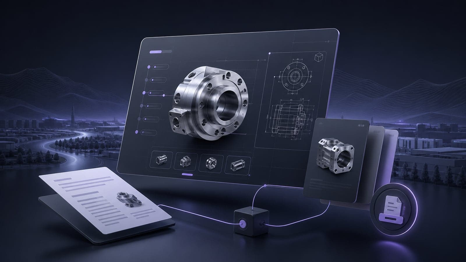 Fabrika web sitesindeki teknik ürün sayfasını simgeleyen mor tonlarda 3D görsel