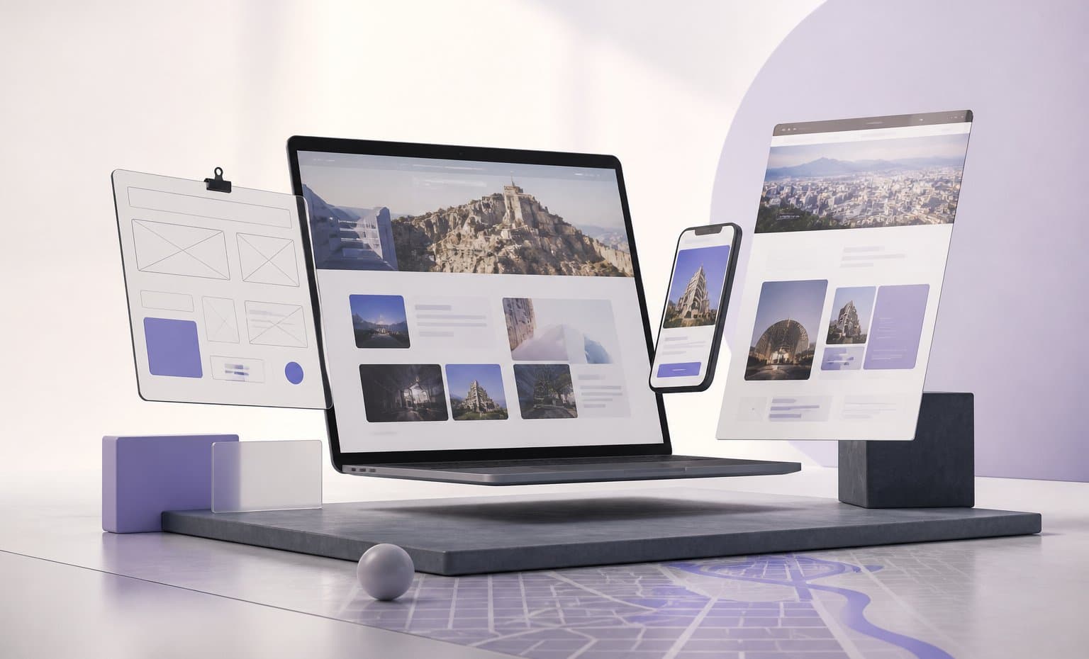 Manisa web tasarım sürecini masaüstü ve mobil ekranlarla anlatan 3D görsel